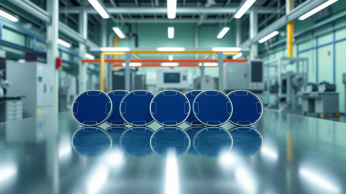 Illustration: A row of identical blue semiconductor wafers sits on a clean stainless steel table inside a bright factory workshop.