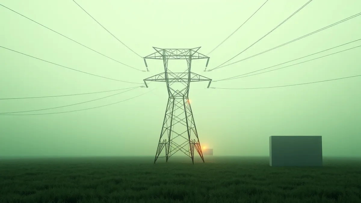 Illustration: A high-voltage transmission tower stands in a misty field, its metal lattice structure glowing with faint, jagged red lines that mimic erratic electrical surges.