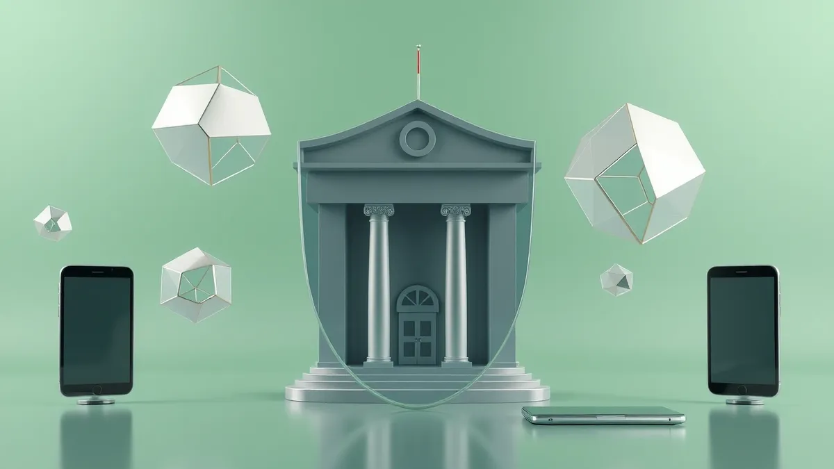 Illustration: A stylized city hall building stands firmly behind a large, transparent shield.