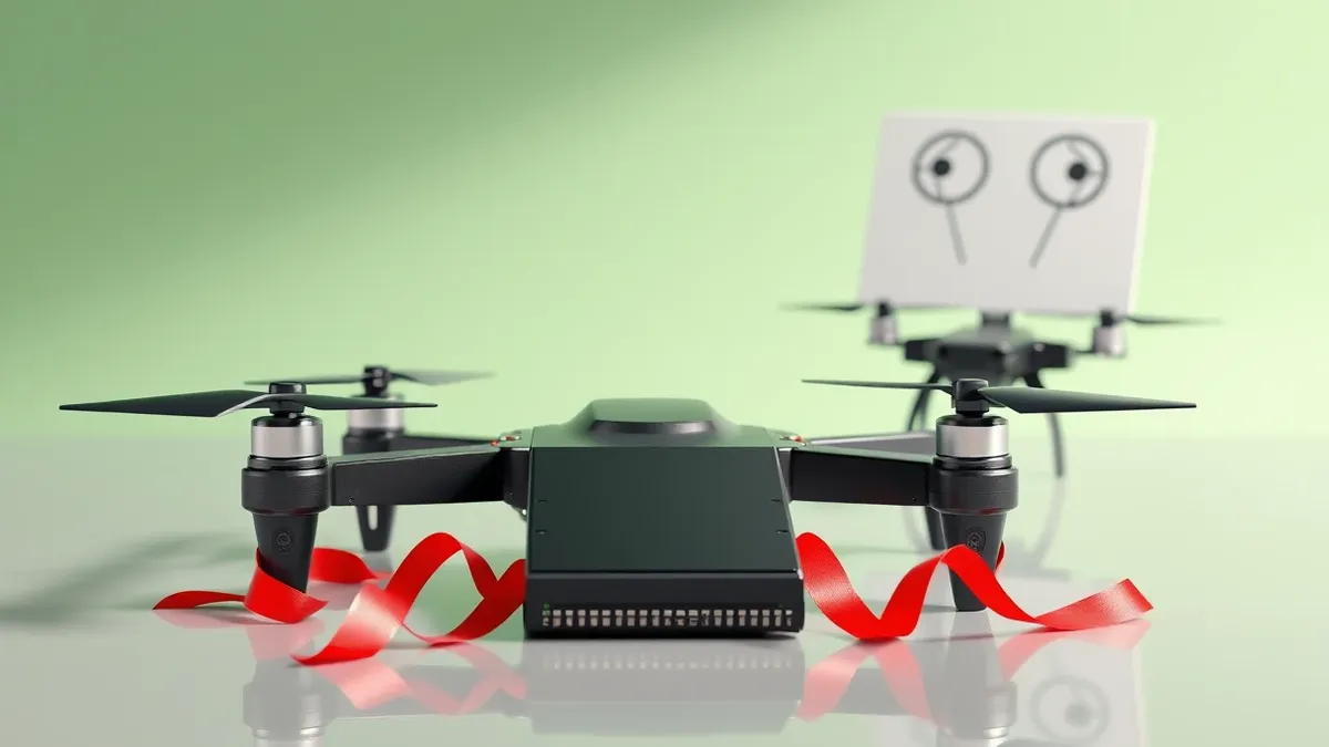 Illustration: A sleek black computer chip rests on a polished table beside a small remote-controlled drone with four rotors.