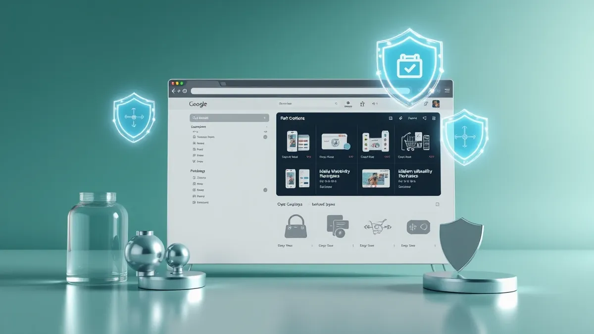 Illustration: An open browser window displays a dark digital marketplace interface with abstract product cards and shopping cart icons.