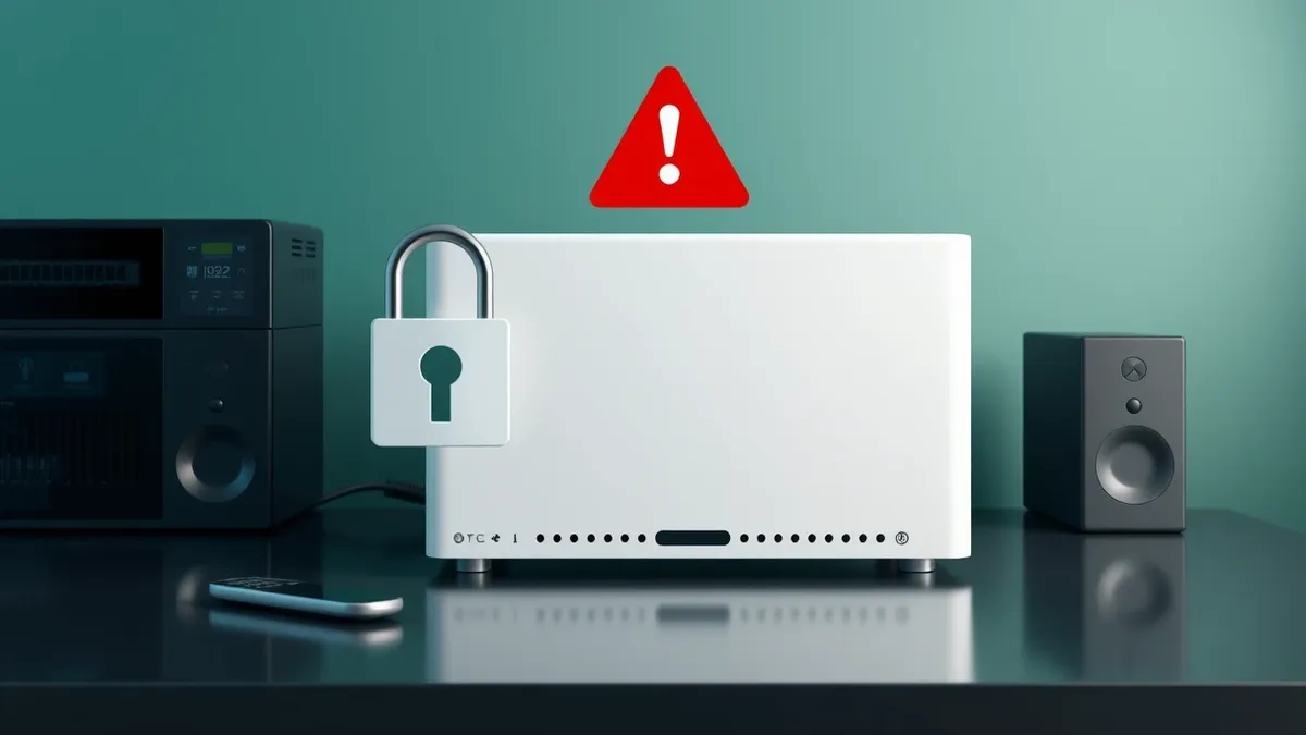 Illustration: A generic white network appliance sits on a desk with a red warning icon hovering above its blank front panel.