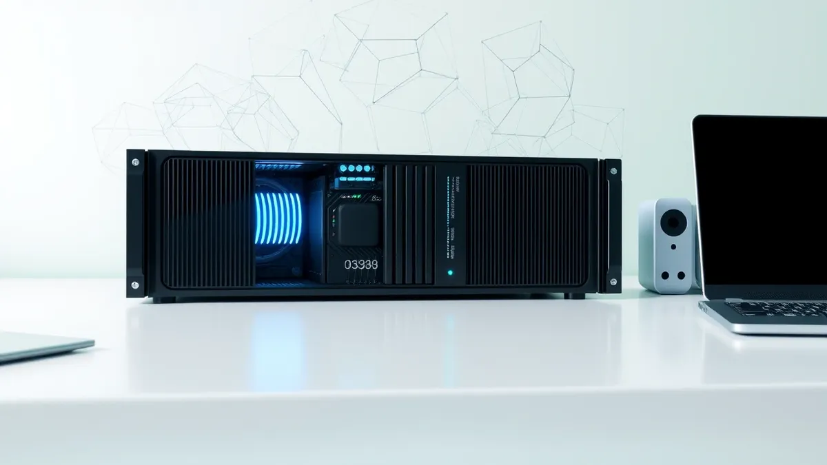 Illustration: A sleek black server blade rests on a clean white desk.