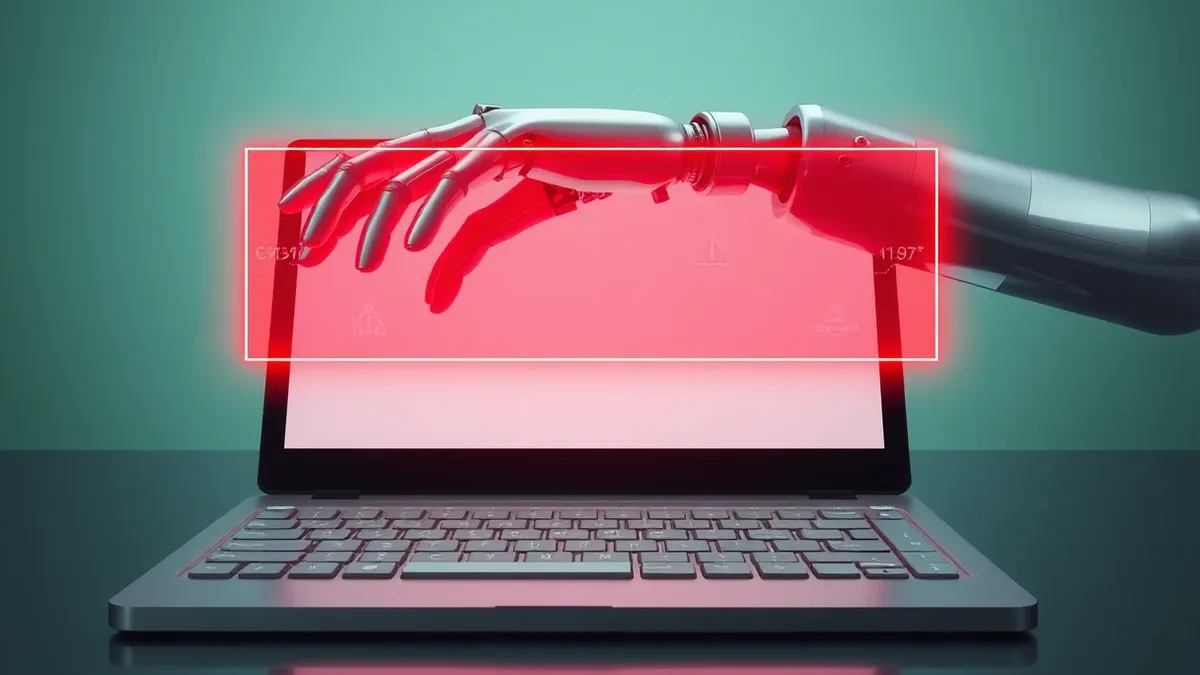 Illustration: A sleek silver robot arm hovers over a blank keyboard, halted by a translucent red barrier glowing with abstract warning patterns.