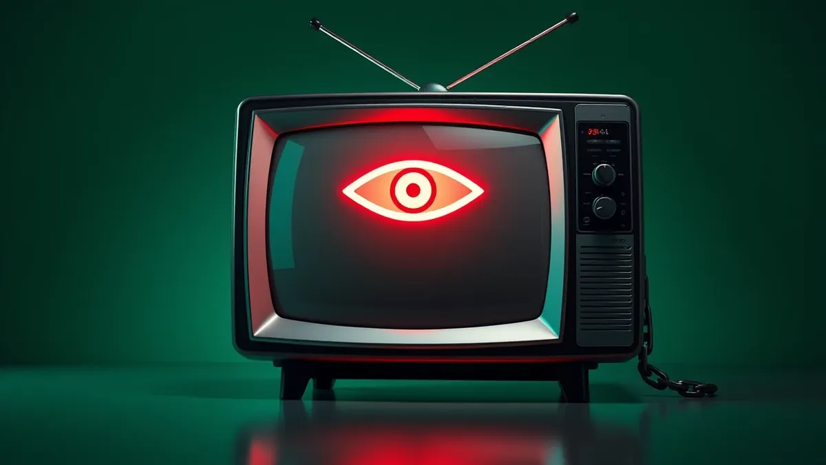 Illustration: A vintage television set sits in a dim room, its blank screen reflecting a single red eye icon hovering just above the glass.