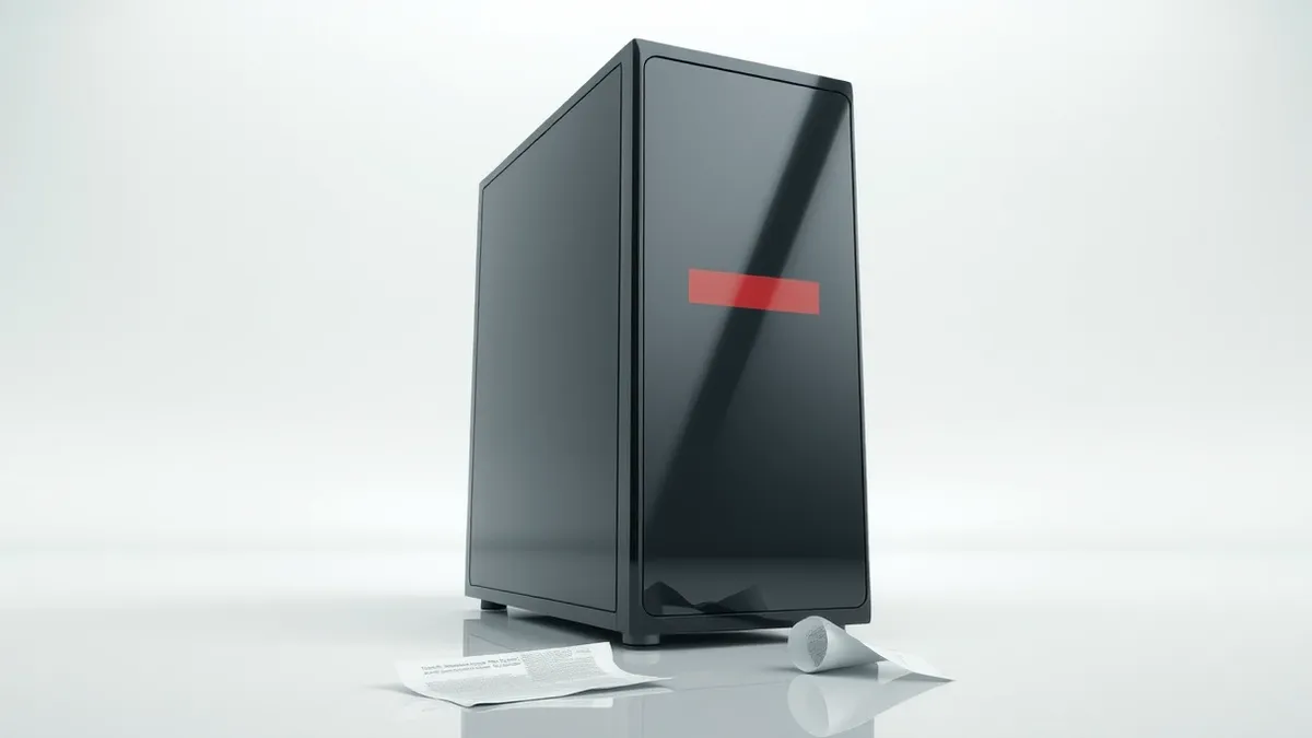 Illustration: A large black server tower sits in a sterile white room, its front panel displaying a blank red error light.