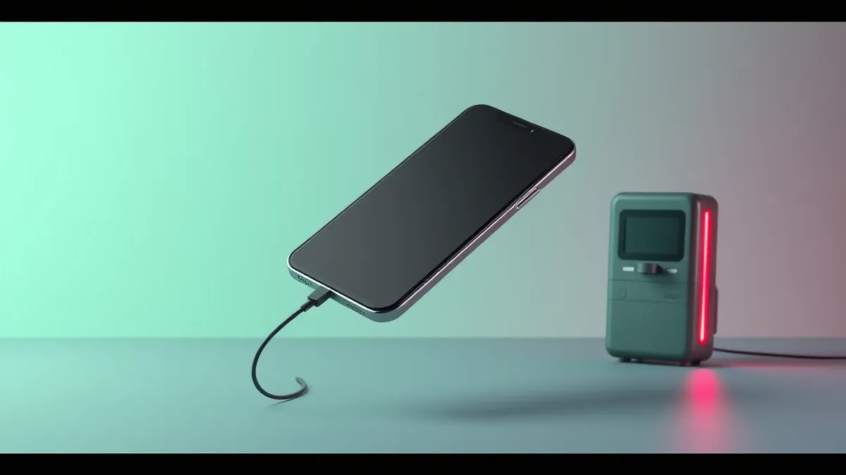 Illustration: A generic smartphone floats in midair while a thin cable connects its SIM tray to a distant, shadowed terminal.