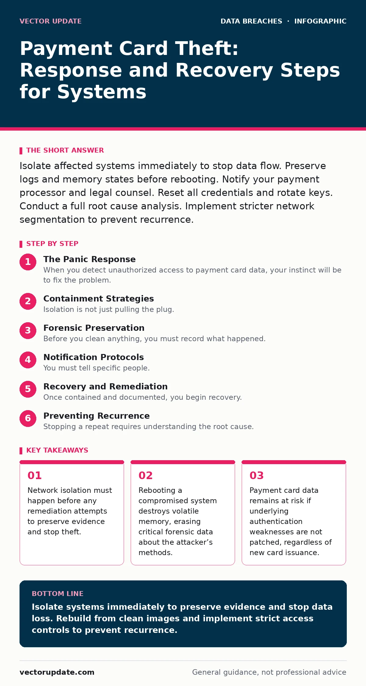 Infographic: Payment Card Theft: Response and Recovery Steps for Systems. Network isolation must happen before any remediation attempts to preserve evidence and stop theft. Rebooting a compromised system destroys volatile memory, erasing critical forensic data about the attacker’s methods. Payment c