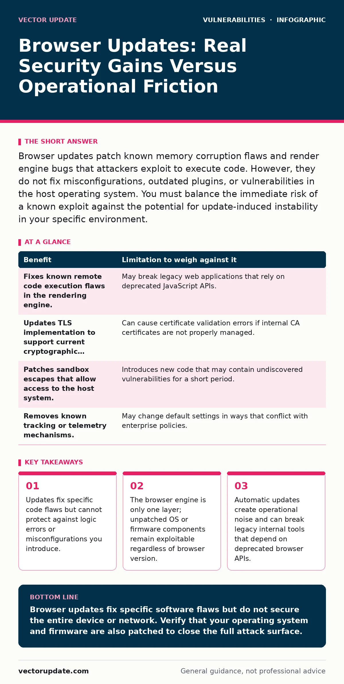 Infographic: Browser Updates: Real Security Gains Versus Operational Friction. Updates fix specific code flaws but cannot protect against logic errors or misconfigurations you introduce. The browser engine is only one layer; unpatched OS or firmware components remain exploitable regardless of browse