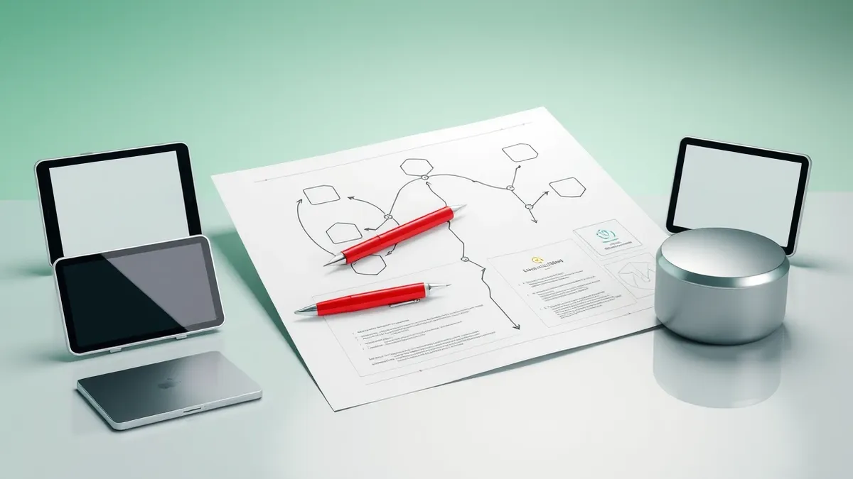 Illustration: An open blueprint lies flat on a clean desk, showing interconnected geometric shapes and arrows representing workflow.