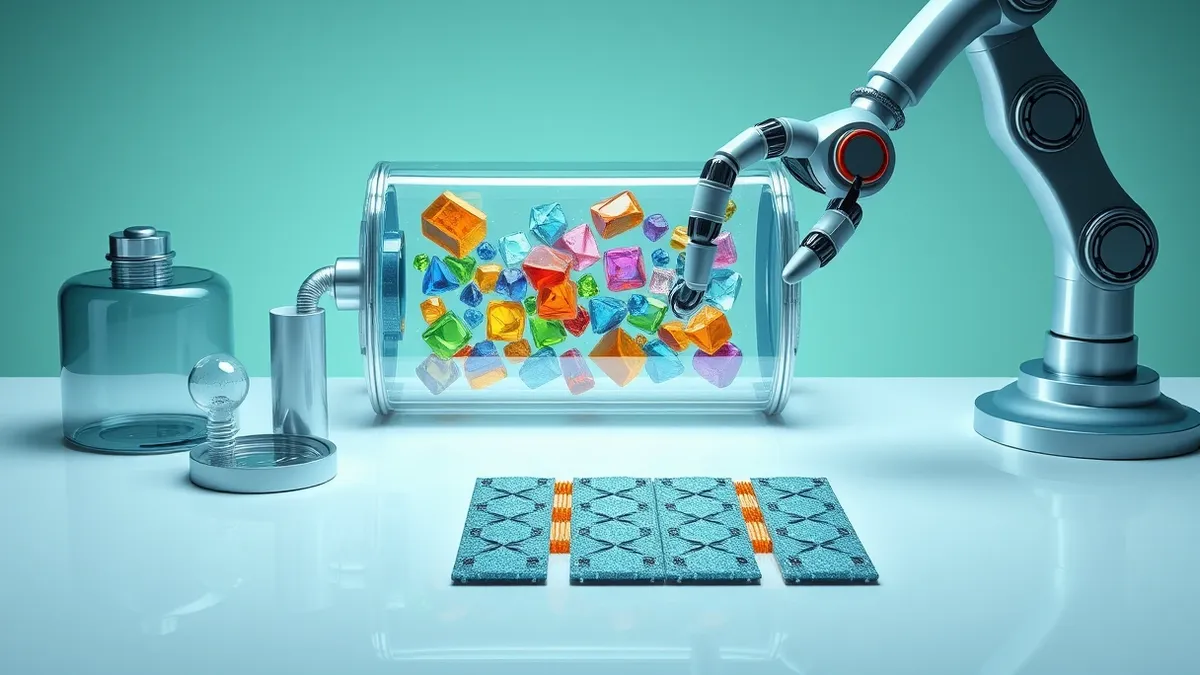 Illustration: A sleek laboratory setup features an open battery cell with colorful crystalline structures inside, while a robotic arm hovers nearby, examining the material.