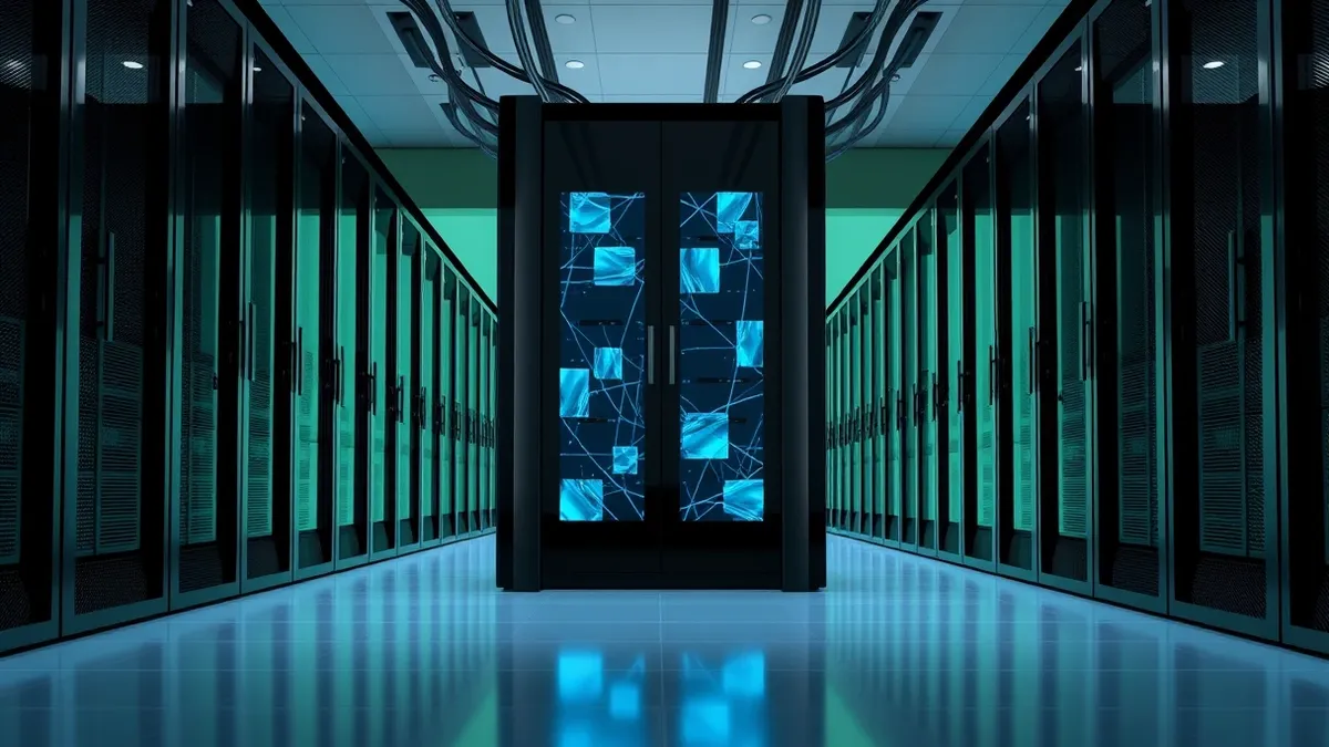 Illustration: A sleek black server rack stands in a clean data center aisle.
