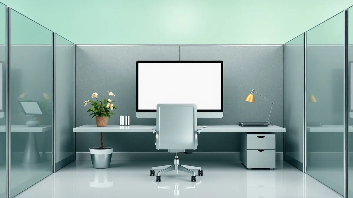Illustration: A sterile office cubicle sits empty, its chair pushed in and desk cleared.