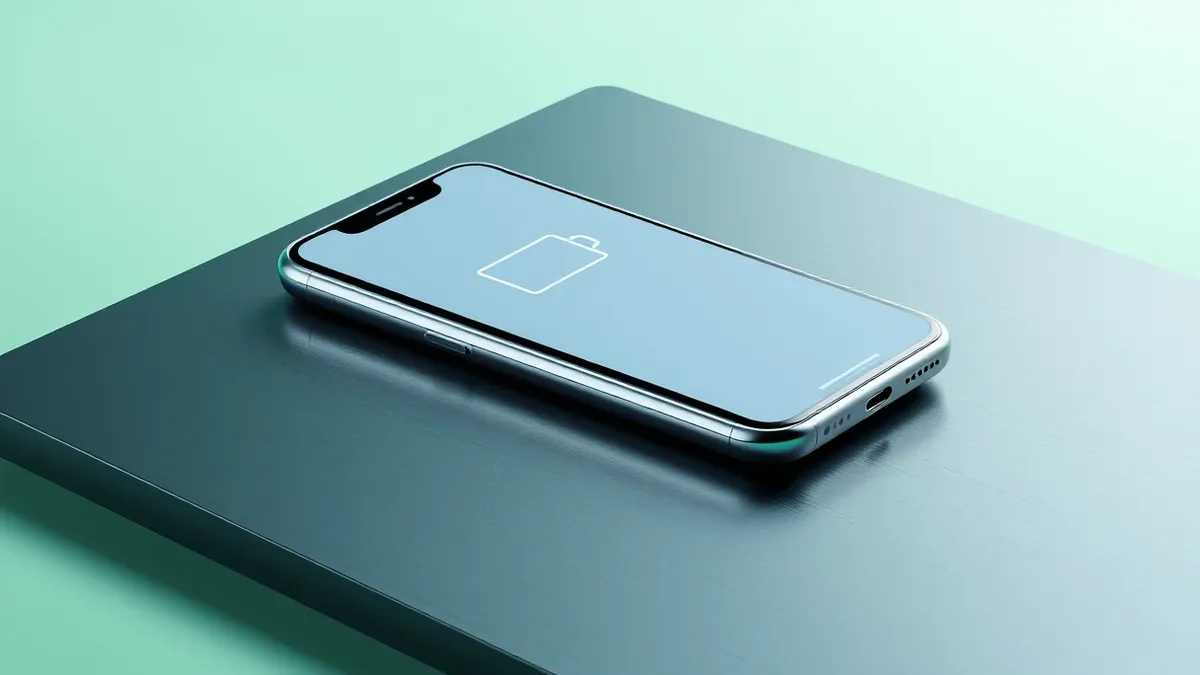 Illustration: A modern smartphone rests on a sleek, dark surface with its screen displaying a large, low battery icon and a warning symbol.