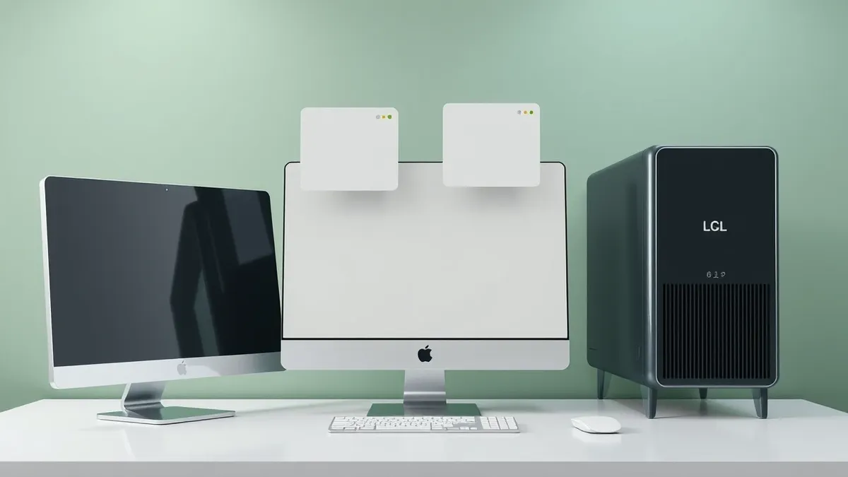 Illustration: A clean, empty desktop computer sits on a minimalist office desk.