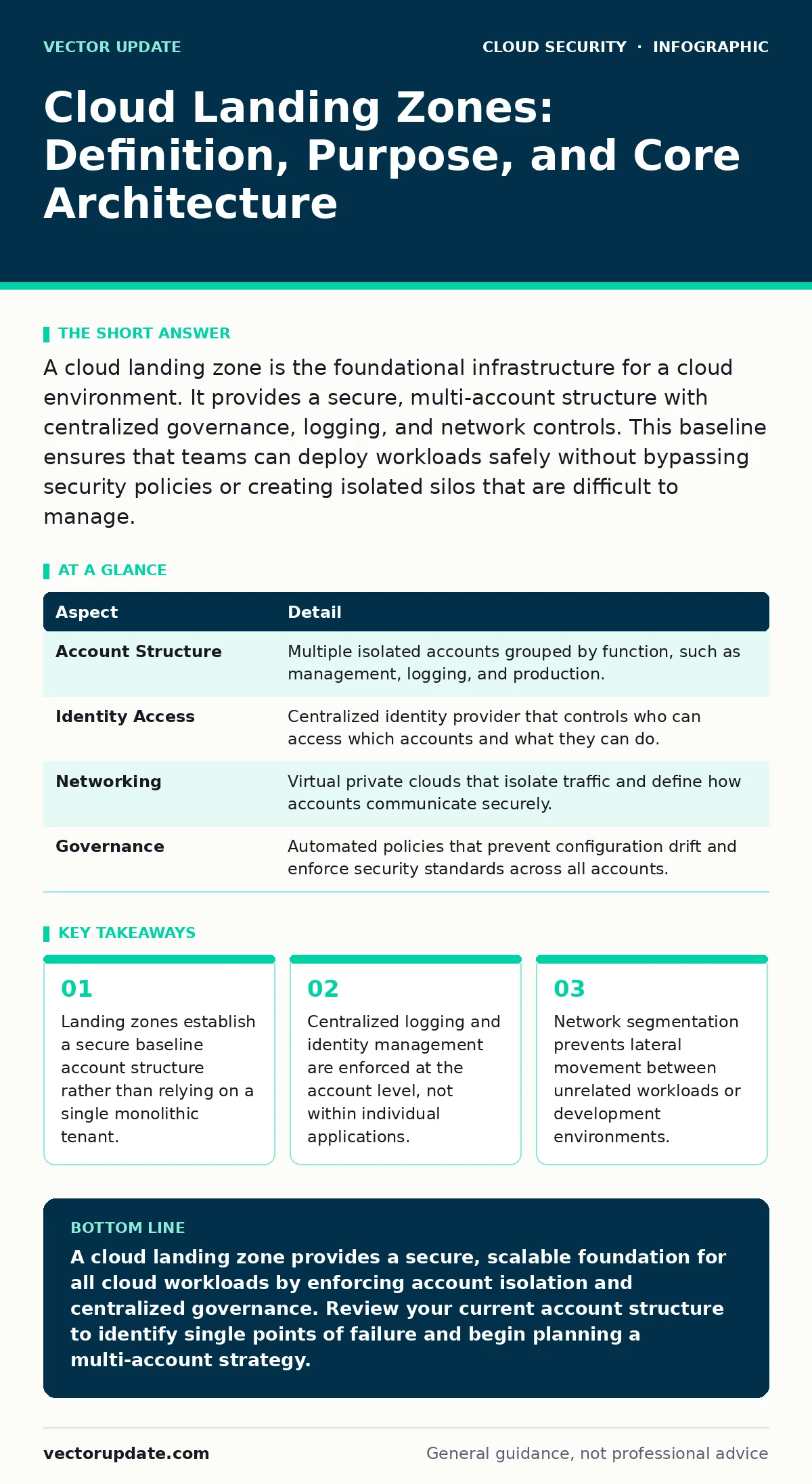 Infographic: Cloud Landing Zones: Definition, Purpose, and Core Architecture. Landing zones establish a secure baseline account structure rather than relying on a single monolithic tenant. Centralized logging and identity management are enforced at the account level, not within individual applicatio
