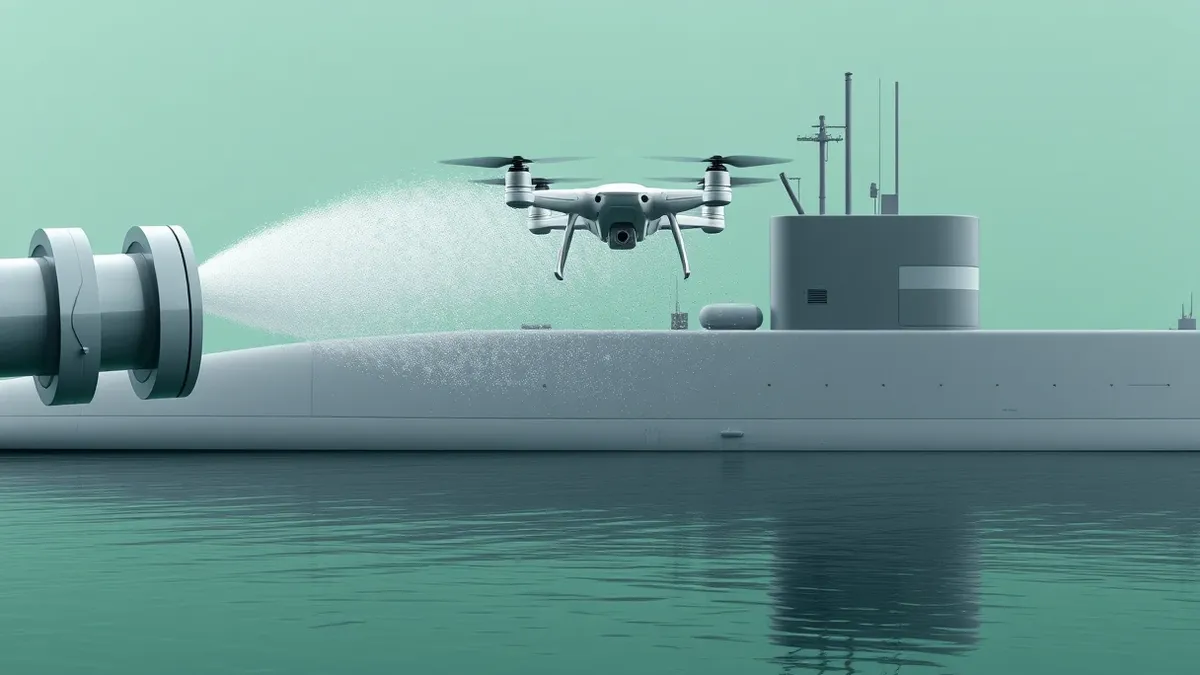 Illustration: A large fire hose nozzle sprays a powerful arc of water toward a hovering quadcopter drone.