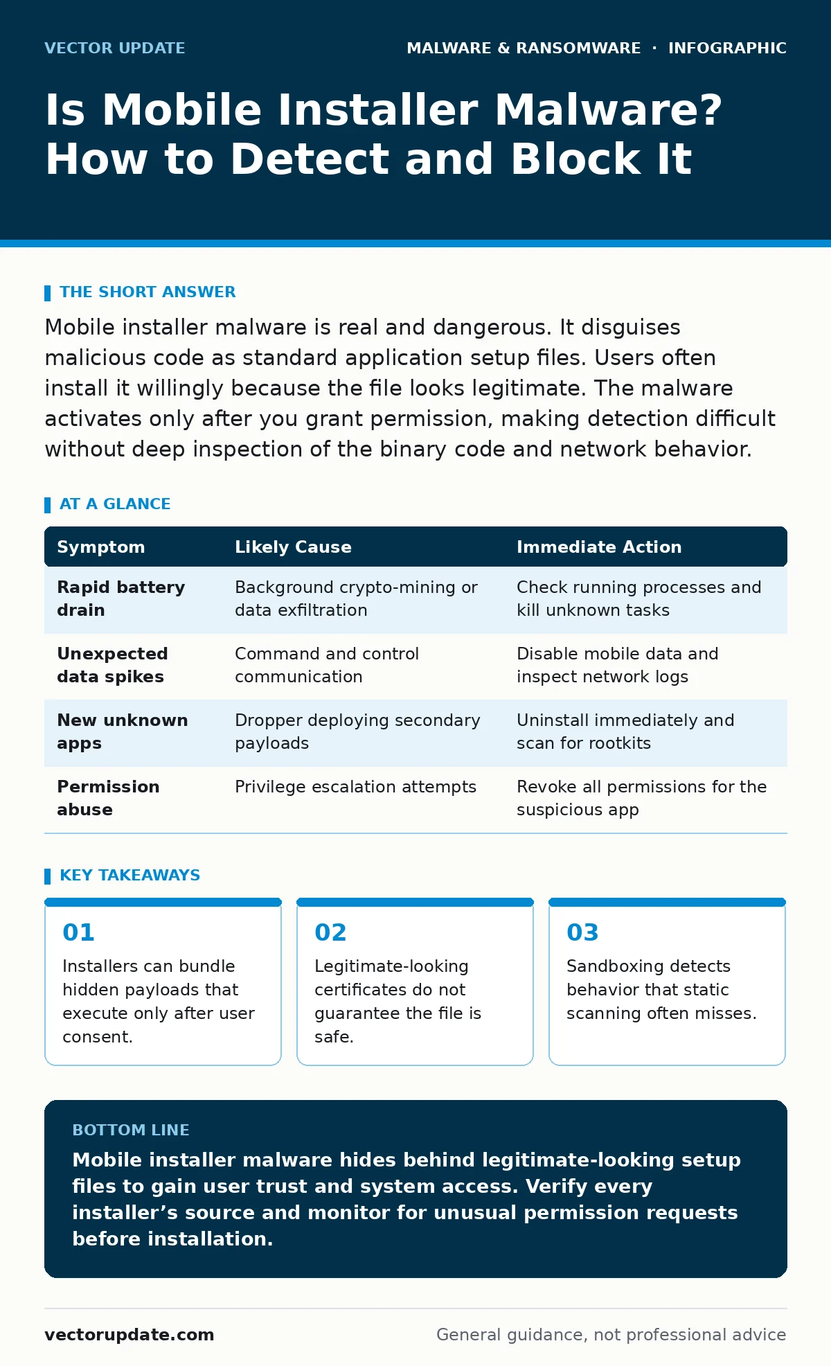 Infographic: Is Mobile Installer Malware? How to Detect and Block It. Installers can bundle hidden payloads that execute only after user consent. Legitimate-looking certificates do not guarantee the file is safe. Sandboxing detects behavior that static scanning often misses.