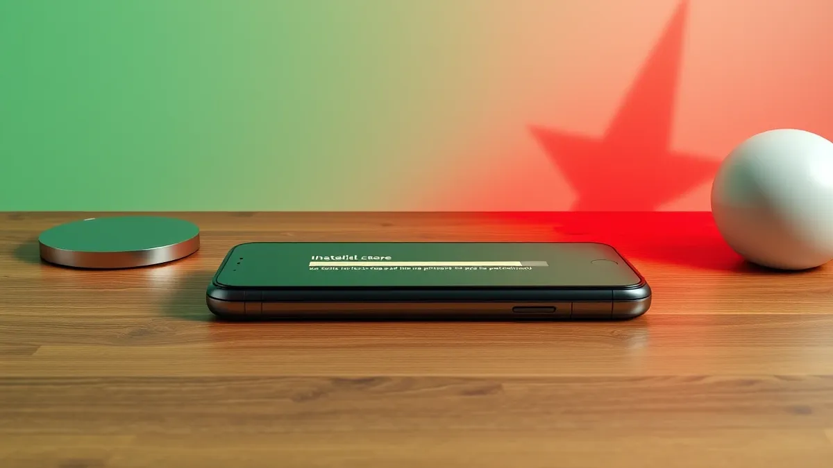 Illustration: A smartphone rests on a wooden table, its screen displaying a generic installation progress bar.