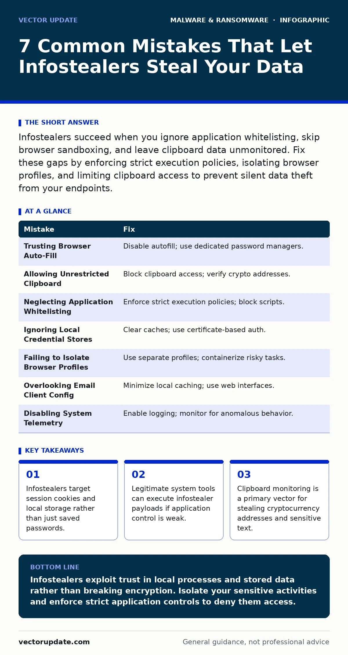 Infographic: 7 Common Mistakes That Let Infostealers Steal Your Data. Infostealers target session cookies and local storage rather than just saved passwords. Legitimate system tools can execute infostealer payloads if application control is weak. Clipboard monitoring is a primary vector for stealing