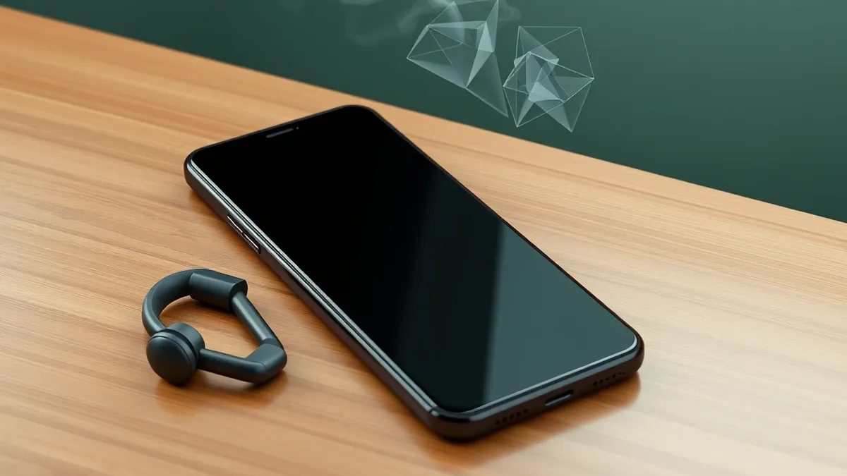 Illustration: A sleek black smartphone rests on a wooden desk next to a pair of wireless headphones.