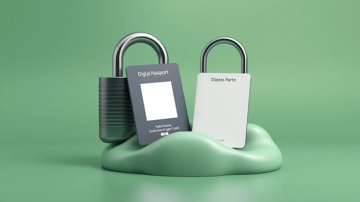 Illustration: A sleek digital passport card rests beside a heavy iron padlock on a cloud-shaped pedestal.