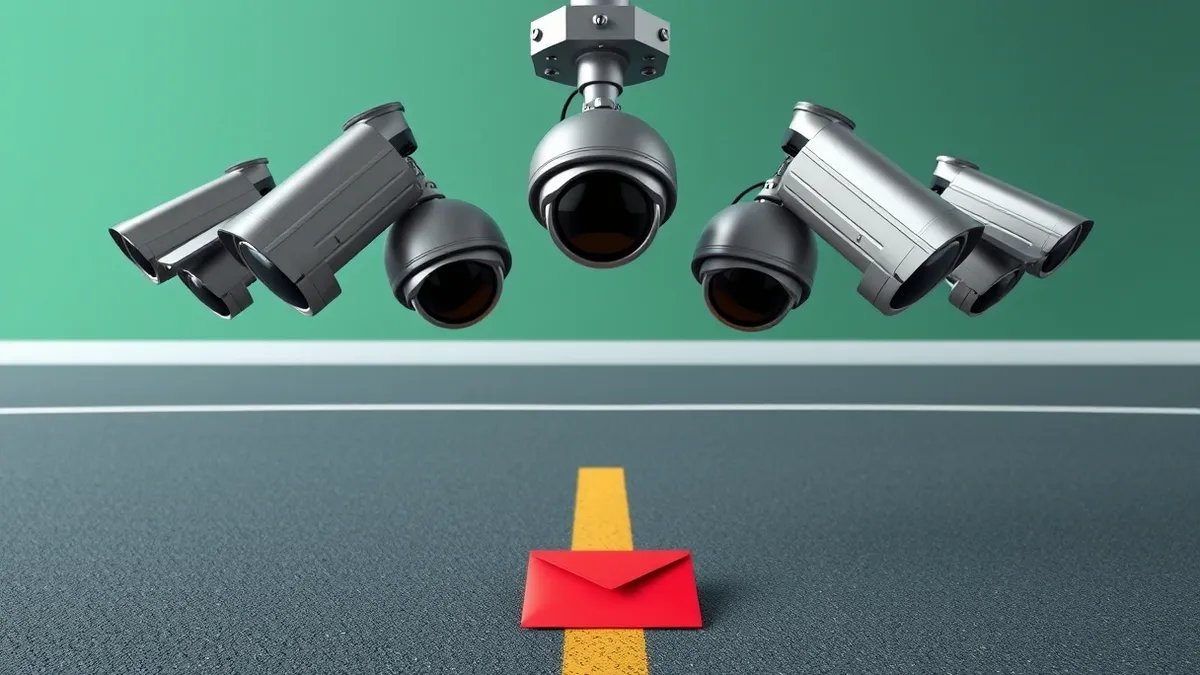 Illustration: A row of blank security cameras mounted on a metal pole points downward toward an empty asphalt road.