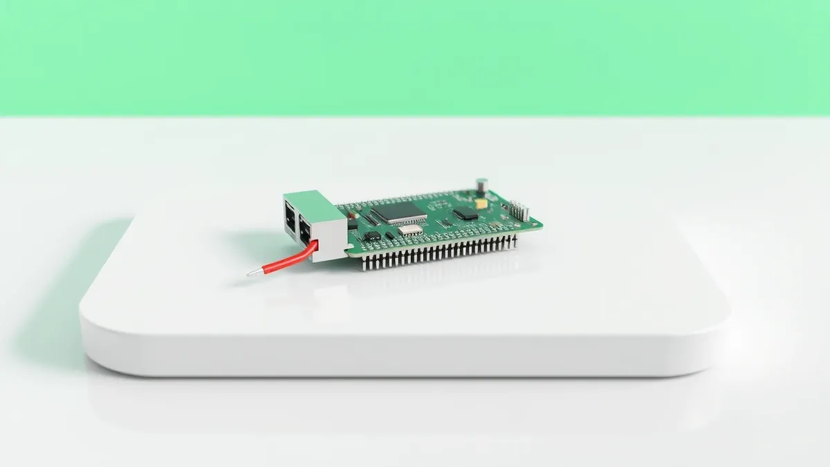 Illustration: A tiny microcontroller board rests on a clean white surface, its metallic pins gleaming under bright studio lights.