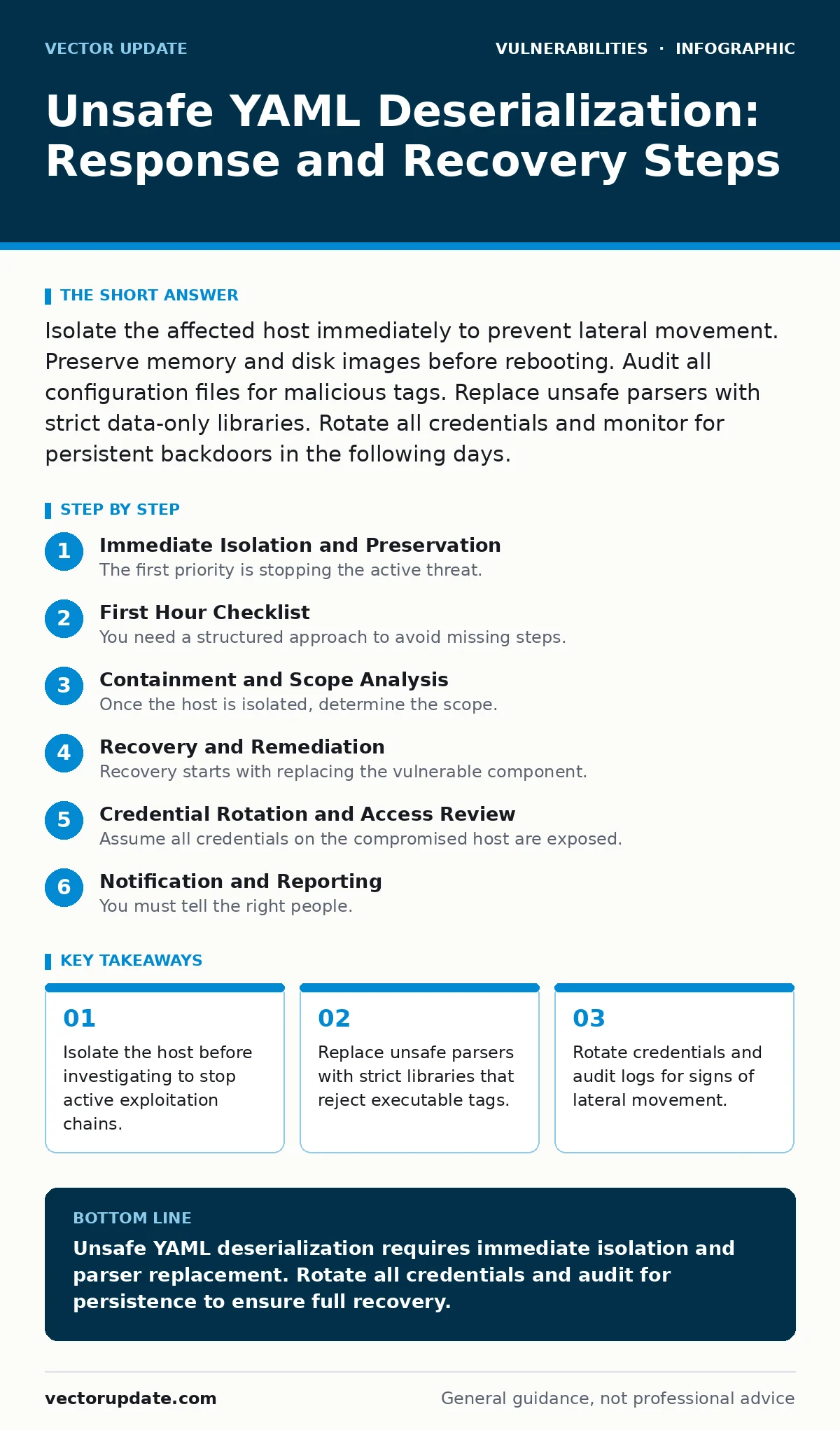Infographic: Unsafe YAML Deserialization: Response and Recovery Steps. Isolate the host before investigating to stop active exploitation chains. Replace unsafe parsers with strict libraries that reject executable tags. Rotate credentials and audit logs for signs of lateral movement.
