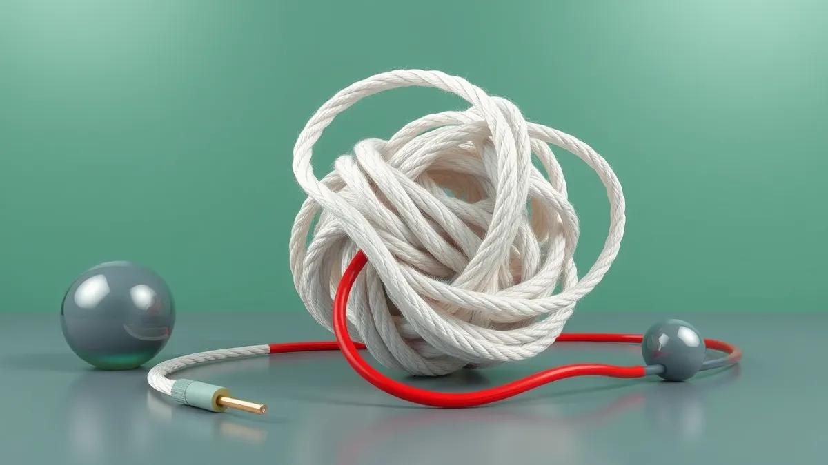 Illustration: A tangled knot of white yarn unravels into a sharp, jagged red wire.