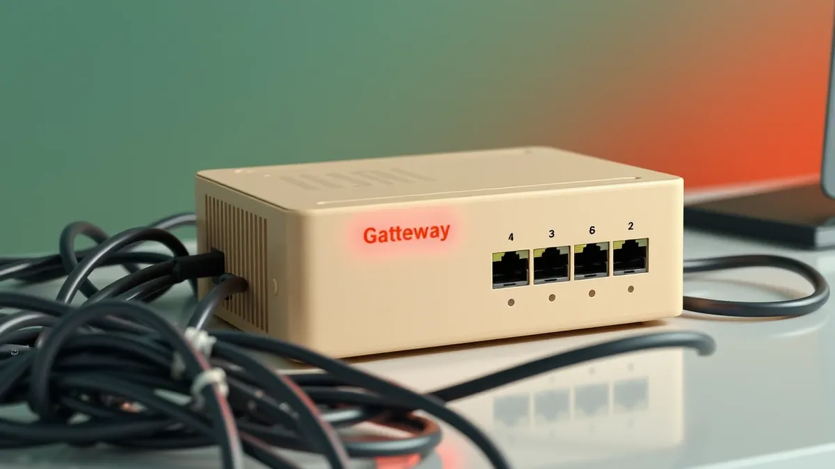 Illustration: A small, beige network gateway sits on a desk next to a tangled mess of cables.