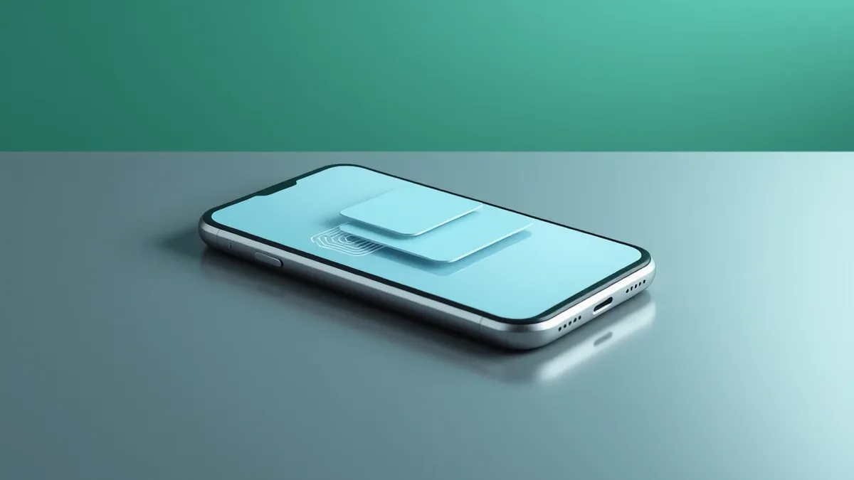 Illustration: A sleek smartphone rests on a matte desk surface with its screen displaying a clean interface of overlapping geometric shapes in soft blue and gray tones.