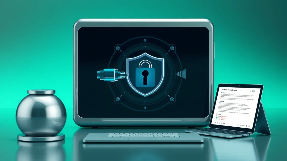 Illustration: A sleek software interface displays a digital handshake between an abstract robotic icon and a secure vault door, with credentials passing through a transparent shiel