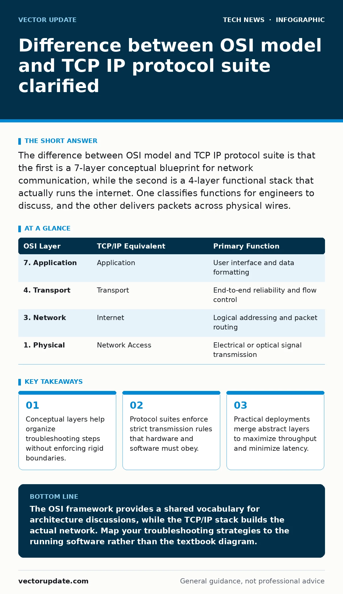 Infographic: Difference between OSI model and TCP IP protocol suite clarified. Conceptual layers help organize troubleshooting steps without enforcing rigid boundaries. Protocol suites enforce strict transmission rules that hardware and software must obey. Practical deployments merge abstract layers