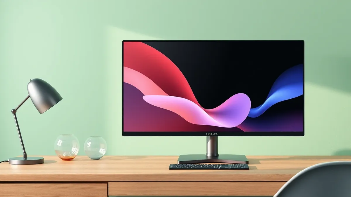 Illustration: A sleek black monitor sits on a wooden desk, its screen displaying shifting abstract geometric shapes in soft pastel colors.