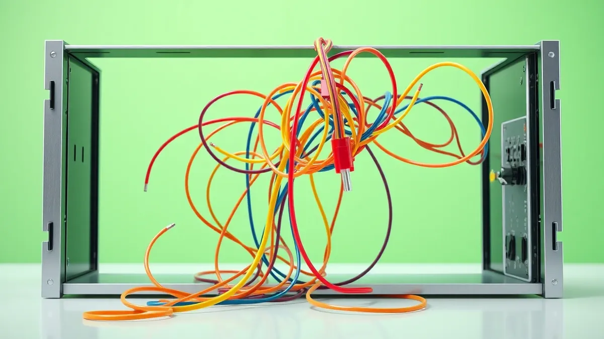 Illustration: A tangled web of loose, brightly colored wires spills out from an open, generic server chassis.