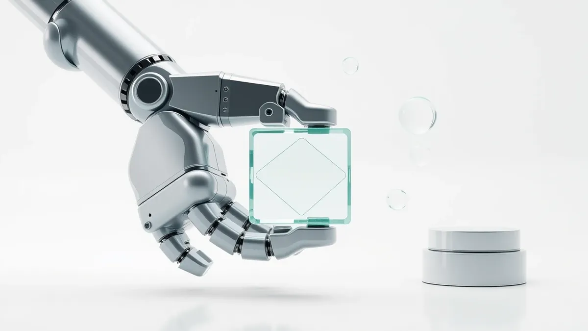Illustration: A metallic robotic gripper holds a translucent geometric shape with steady precision.