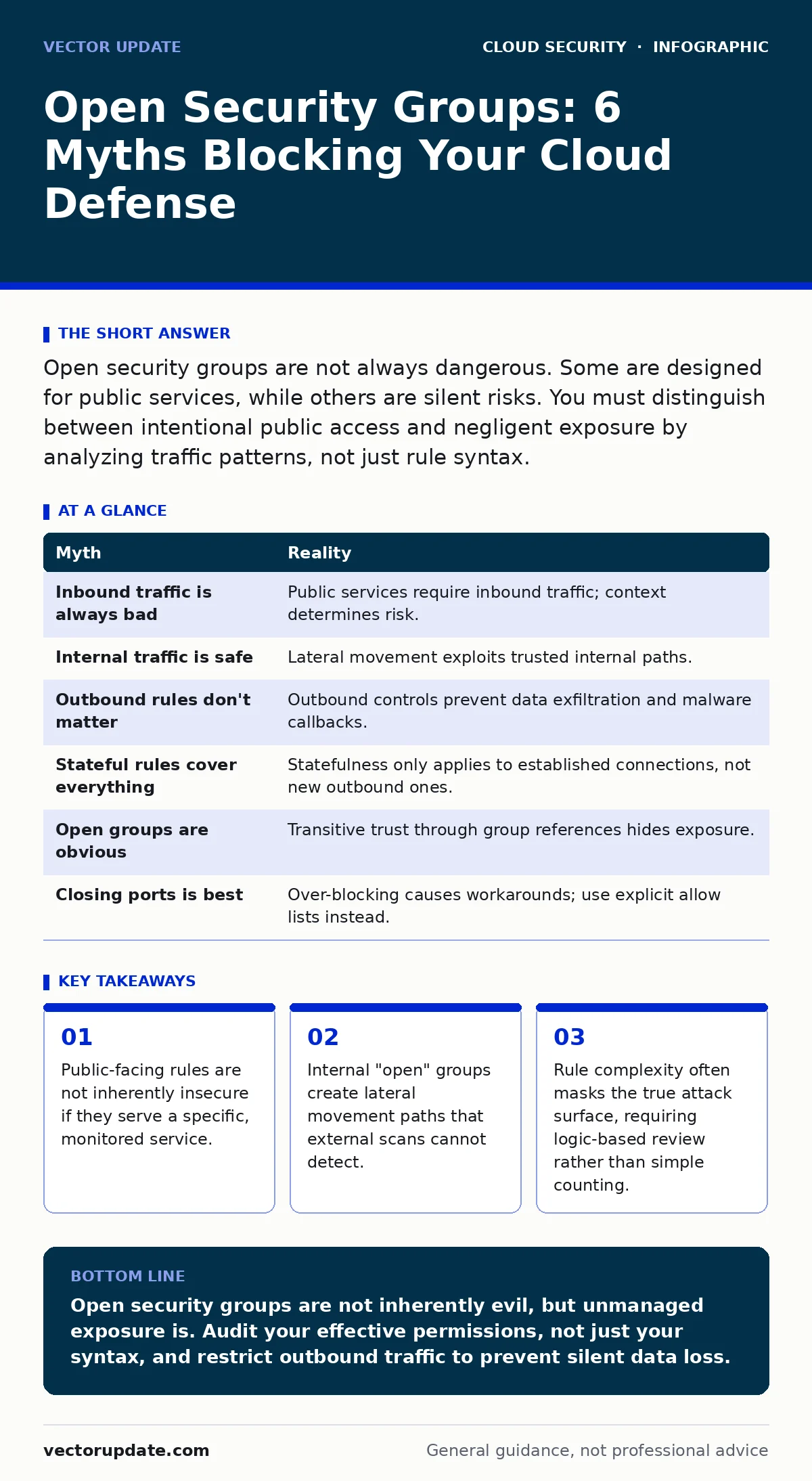 Infographic: Open Security Groups: 6 Myths Blocking Your Cloud Defense. Public-facing rules are not inherently insecure if they serve a specific, monitored service. Internal "open" groups create lateral movement paths that external scans cannot detect. Rule complexity often masks the true attack sur