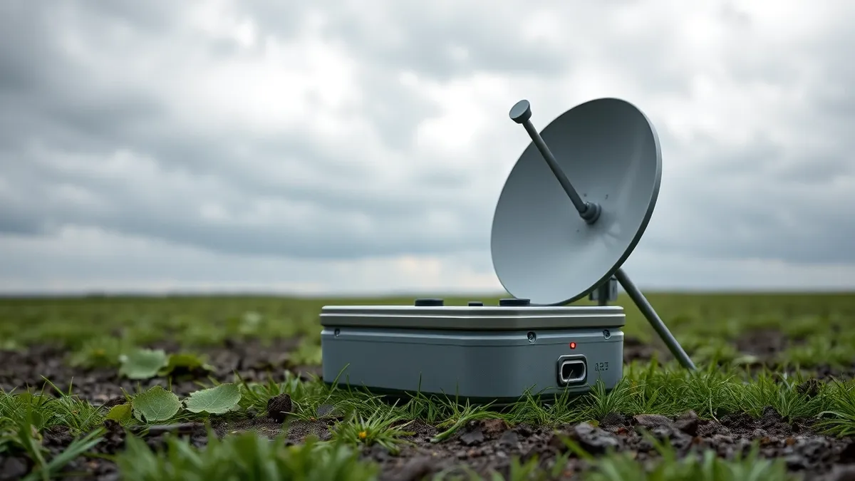 Illustration: A handheld satellite internet terminal rests on damp grass in a muddy field.