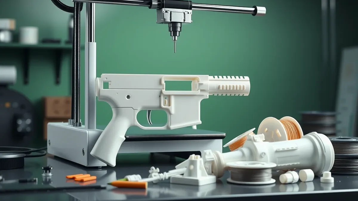 Illustration: A white 3D printer sits on a workbench, its nozzle extruding melted plastic to form the vague, fragmented shape of a firearm receiver.