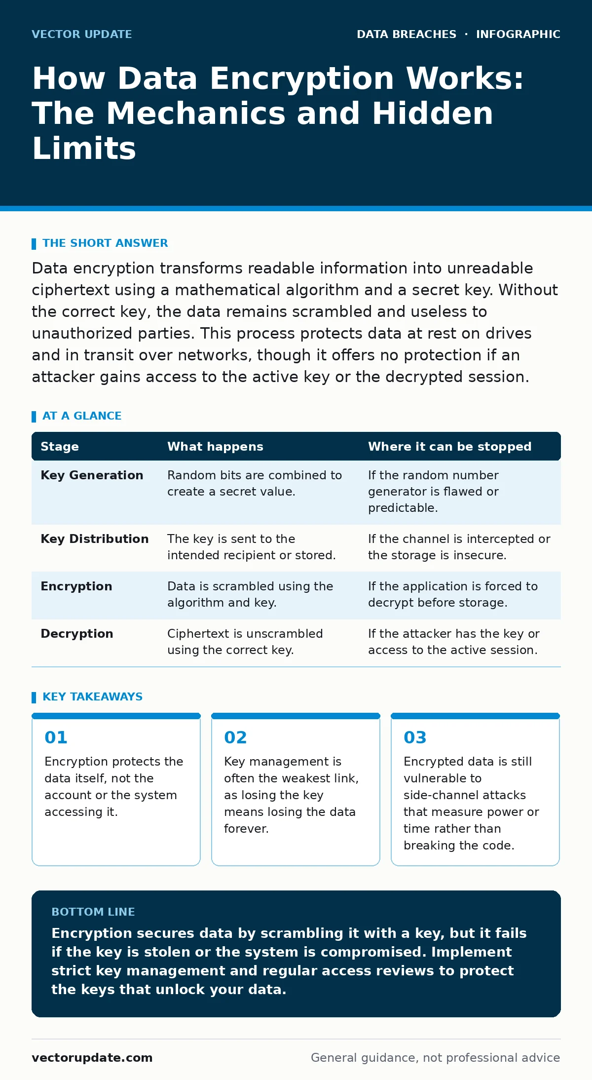 Infographic: How Data Encryption Works: The Mechanics and Hidden Limits. Encryption protects the data itself, not the account or the system accessing it. Key management is often the weakest link, as losing the key means losing the data forever. Encrypted data is still vulnerable to side-channel atta