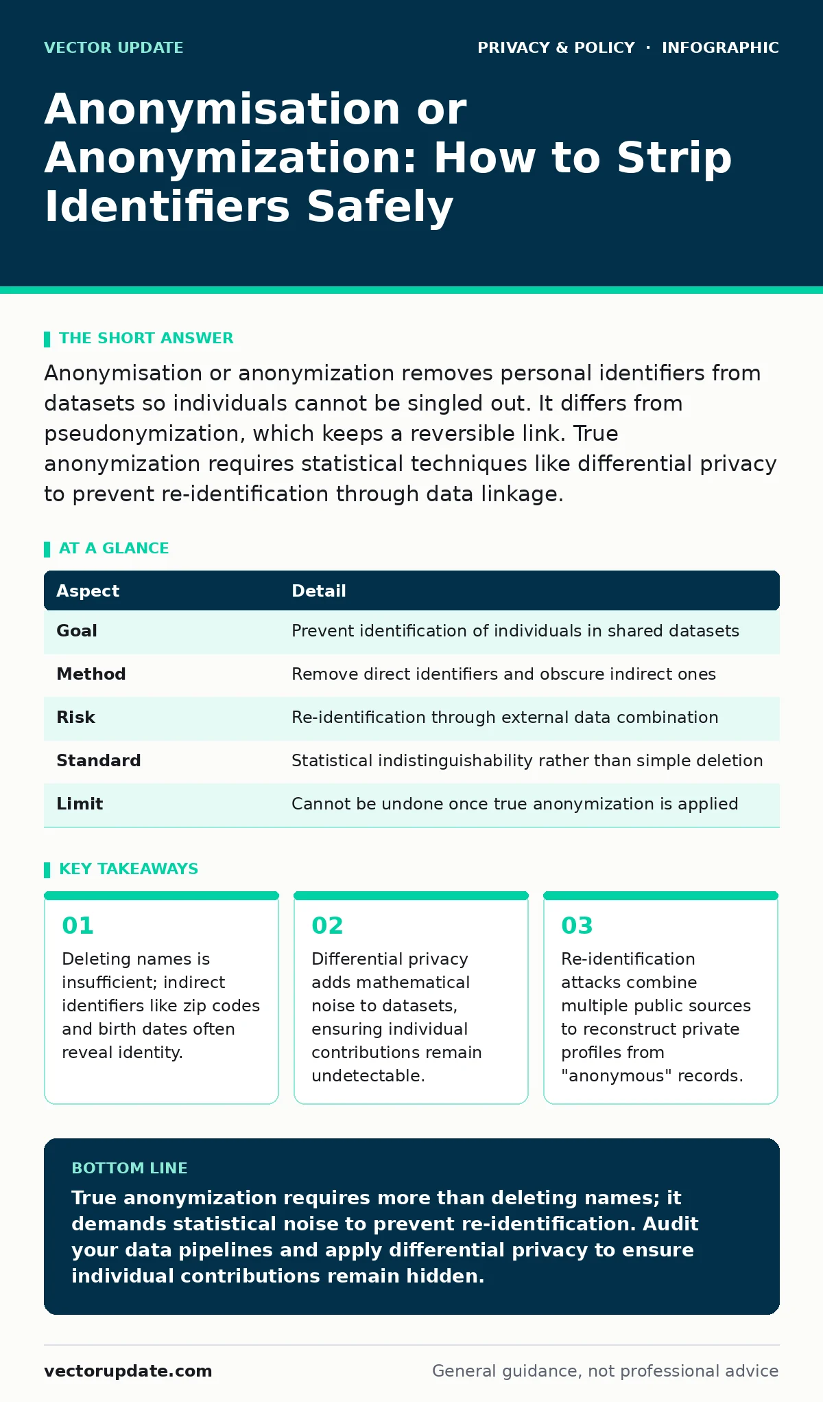 Infographic: Anonymisation or Anonymization: How to Strip Identifiers Safely. Deleting names is insufficient; indirect identifiers like zip codes and birth dates often reveal identity. Differential privacy adds mathematical noise to datasets, ensuring individual contributions remain undetectable. Re