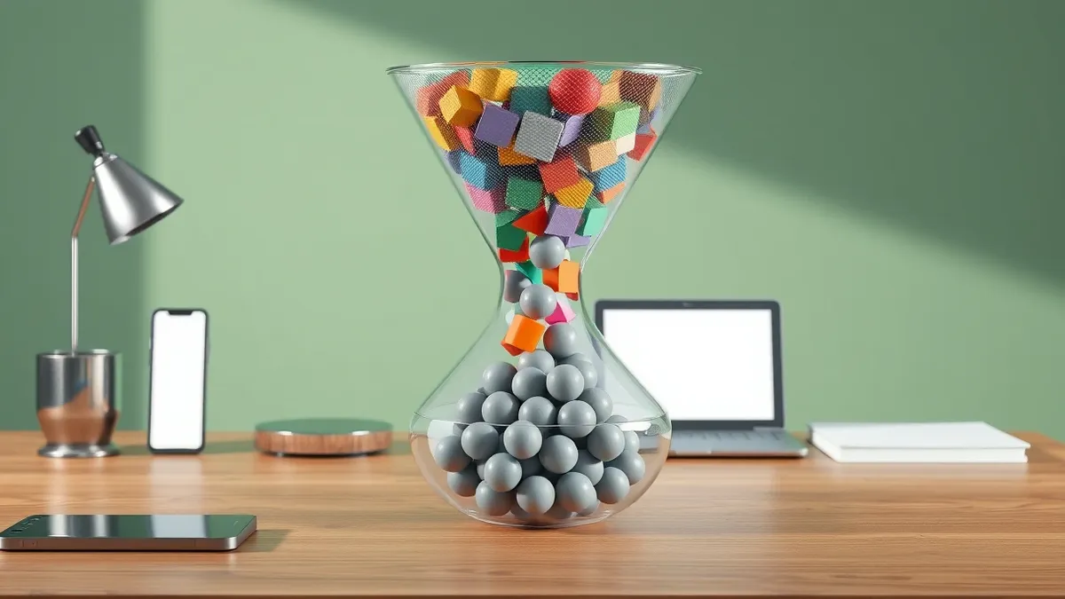 Illustration: A transparent glass funnel sits on a wooden desk, filtering a stream of colorful geometric shapes.