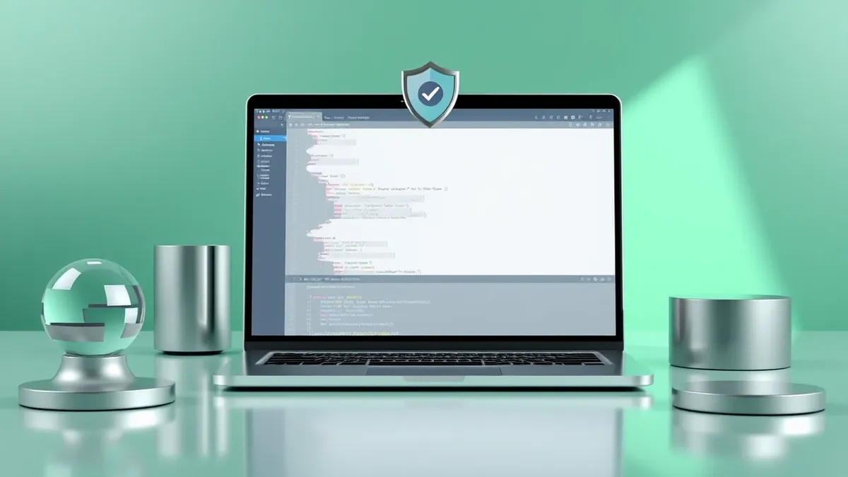 Illustration: A blank laptop screen displays a simple code editor interface with a single pull request notification badge in the corner.