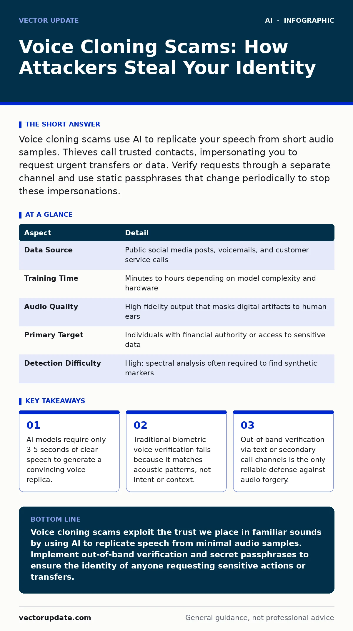 Infographic: Voice Cloning Scams: How Attackers Steal Your Identity. AI models require only 3-5 seconds of clear speech to generate a convincing voice replica. Traditional biometric voice verification fails because it matches acoustic patterns, not intent or context. Out-of-band verification via tex