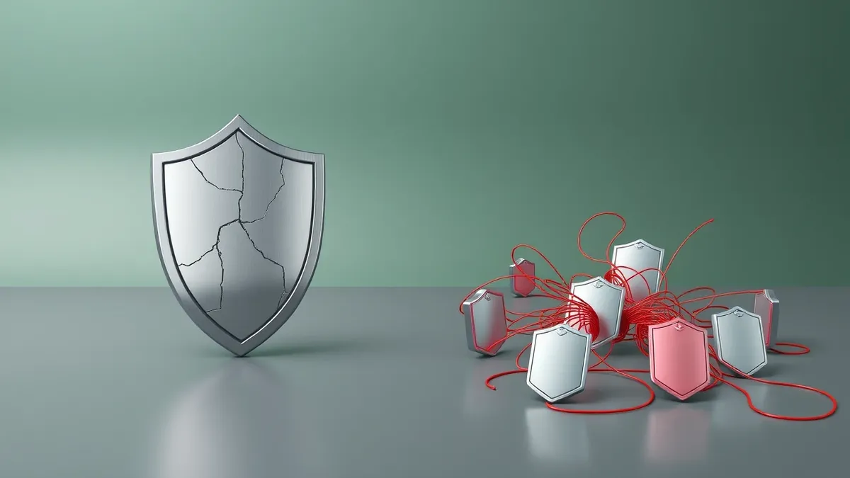Illustration: A single cracked shield sits isolated on a gray surface, representing a fixed flaw.