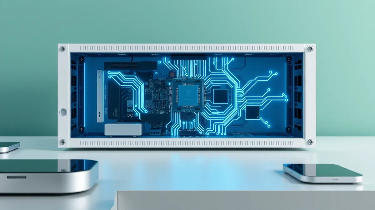 Illustration: A sleek, white server node sits on a clean desk, its casing open to reveal intricate circuit boards.