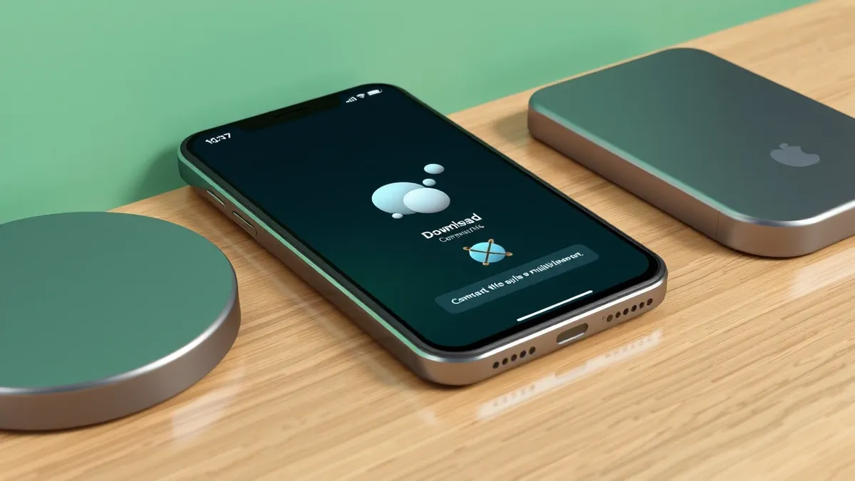 Illustration: A sleek smartphone rests on a wooden surface, its screen displaying a minimalist space exploration interface with abstract planet shapes.