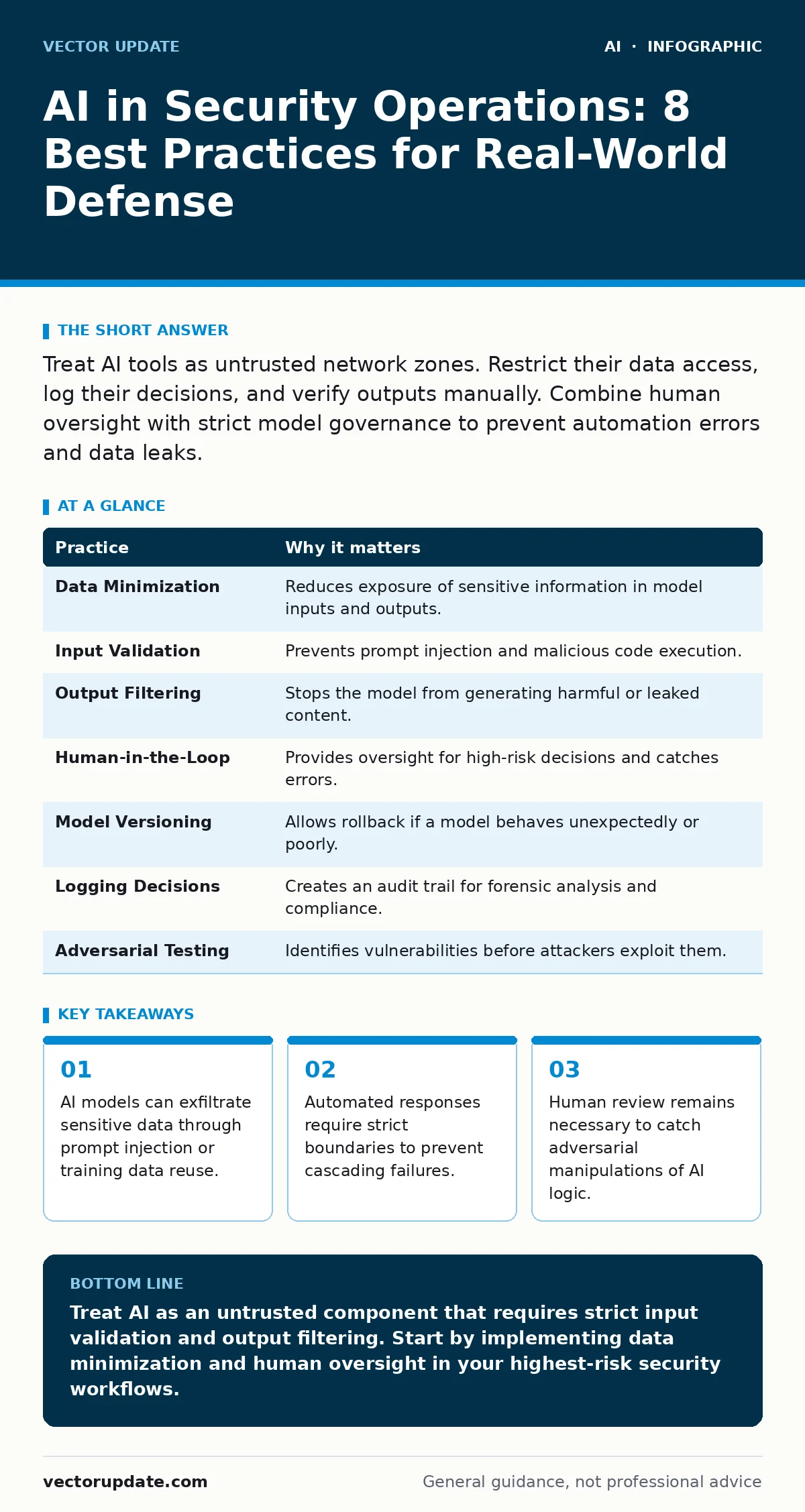 Infographic: AI in Security Operations: 8 Best Practices for Real-World Defense. AI models can exfiltrate sensitive data through prompt injection or training data reuse. Automated responses require strict boundaries to prevent cascading failures. Human review remains necessary to catch adversarial m