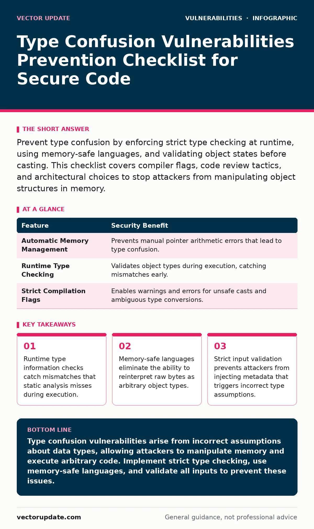 Infographic: Type Confusion Vulnerabilities Prevention Checklist for Secure Code. Runtime type information checks catch mismatches that static analysis misses during execution. Memory-safe languages eliminate the ability to reinterpret raw bytes as arbitrary object types. Strict input validation pre
